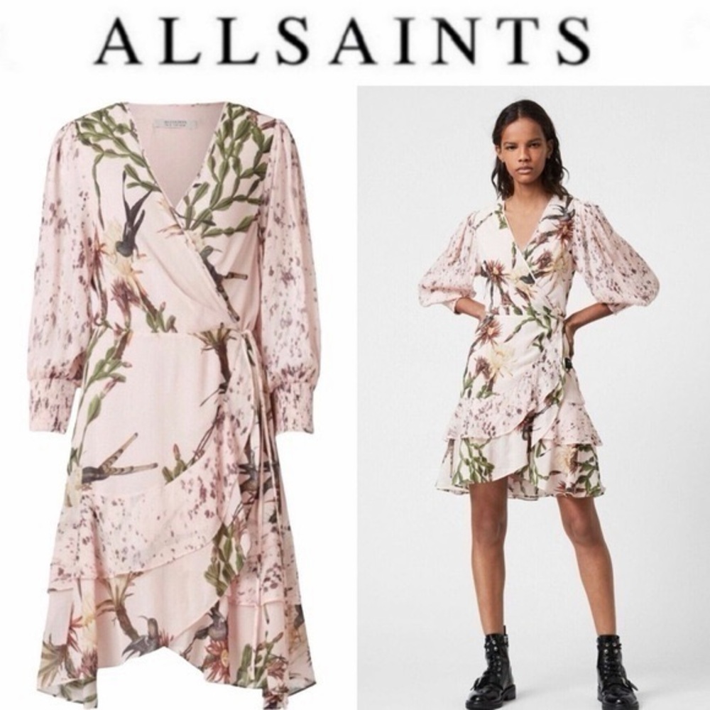 AllSaints Ari Nolina Floral-Print Crepe Mini Wrap Dress size 6
